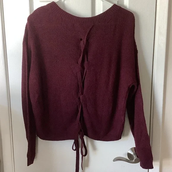 Women's Burgundy Sweater with Tie Detail on the back - Picture 2 of 4